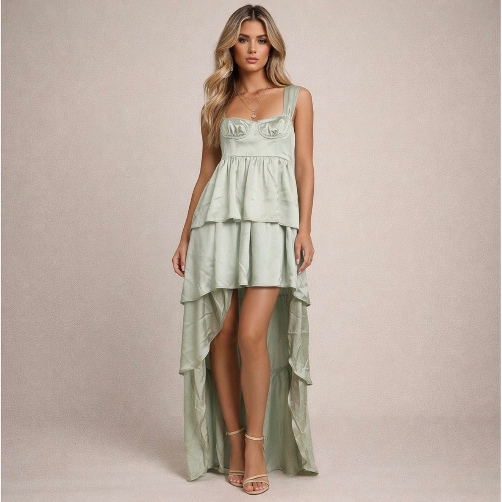 WeWoreWhat Sage Green Satin Bustier‎ Tiered High Low Gown Dress Size 00 Coquette